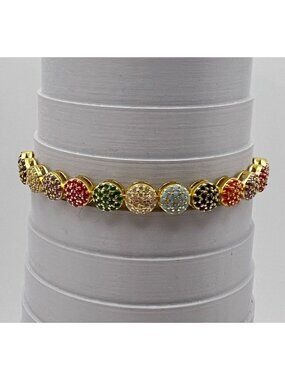 Rainbow Pave Crystal Bracelet Adjustable Bolo Gold Tone Multicolor Glam 5-9.25"